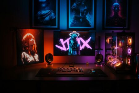 Inside Margot Robbie’s Unexpected Partnership with Indie Video Game Studios Modern gaming setup with multiple monitors and controllers on desk