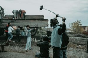 Professional film production set with cameras and lighting equipment