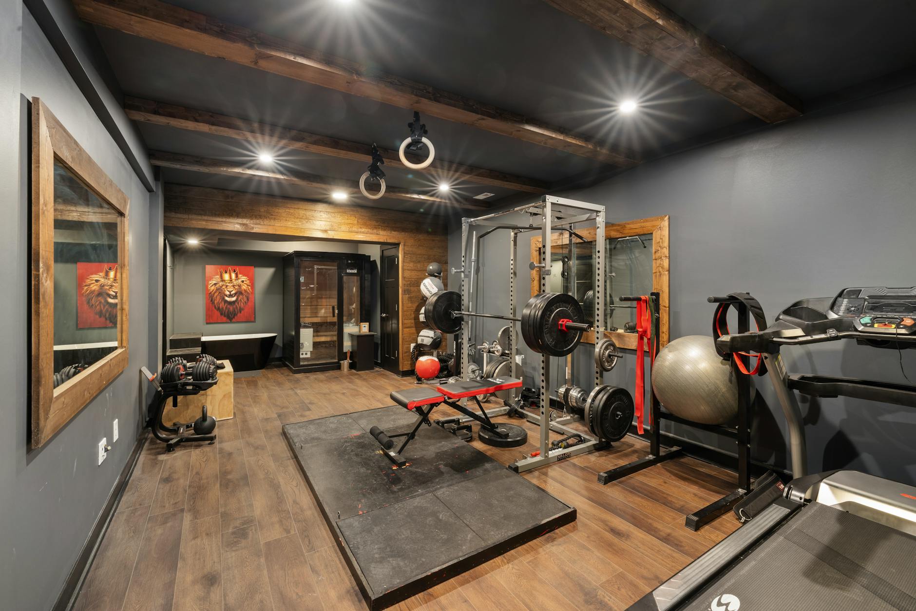 Modern home gym with professional exercise equipment and natural lighting
