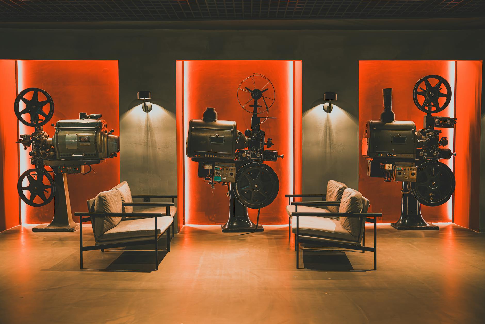 Professional movie studio with lighting equipment and cameras for film production