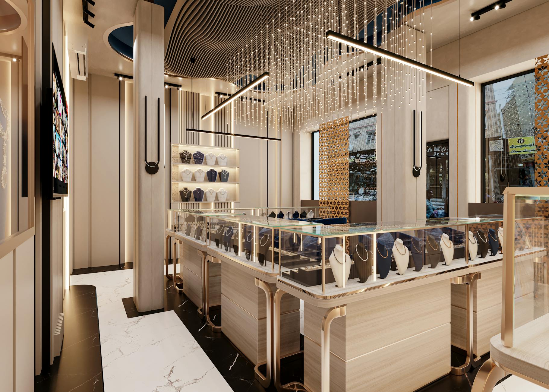 Upscale fashion boutique interior with designer clothing displays and modern lighting