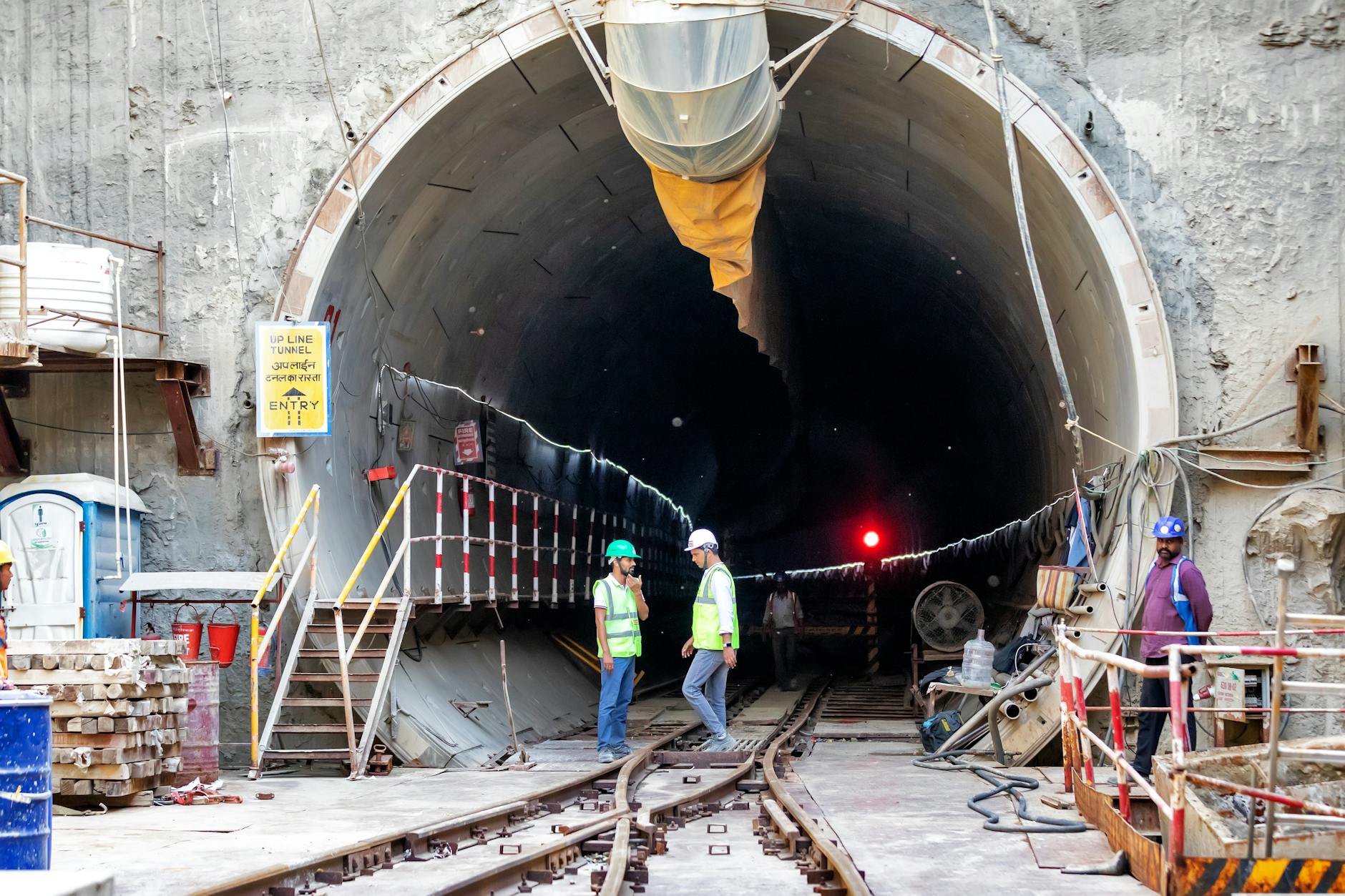 Underground construction site showing concrete structures and engineering work