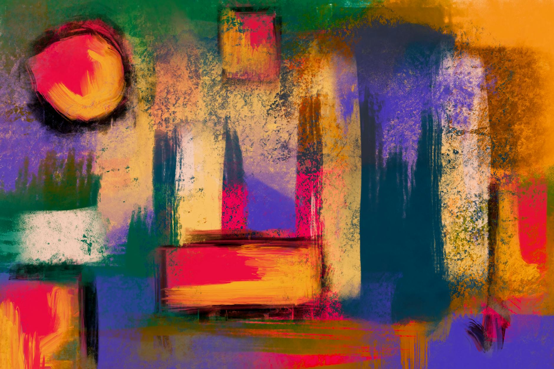 Close-up view of a contemporary abstract painting with vibrant colors and modern artistic techniques