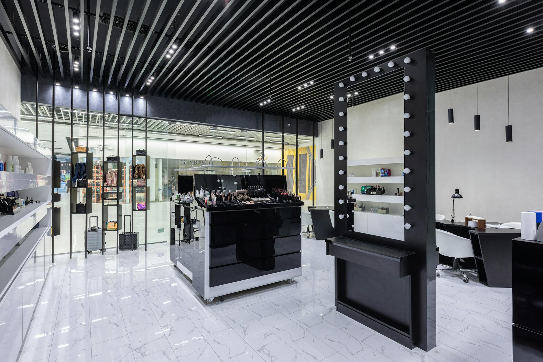 Clean beauty products displayed in upscale retail environment