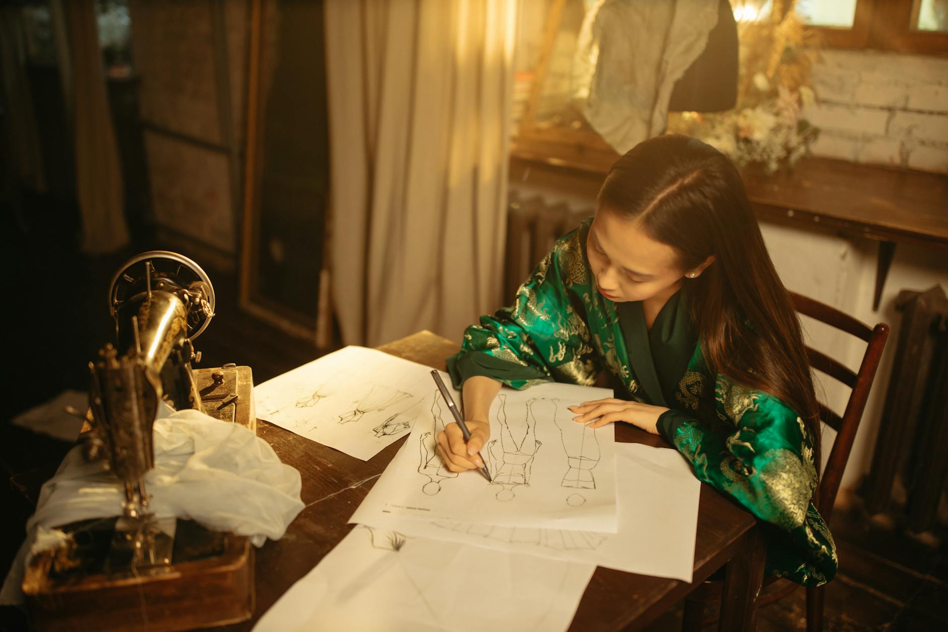 Fashion designer working with sustainable fabric samples at a design studio table