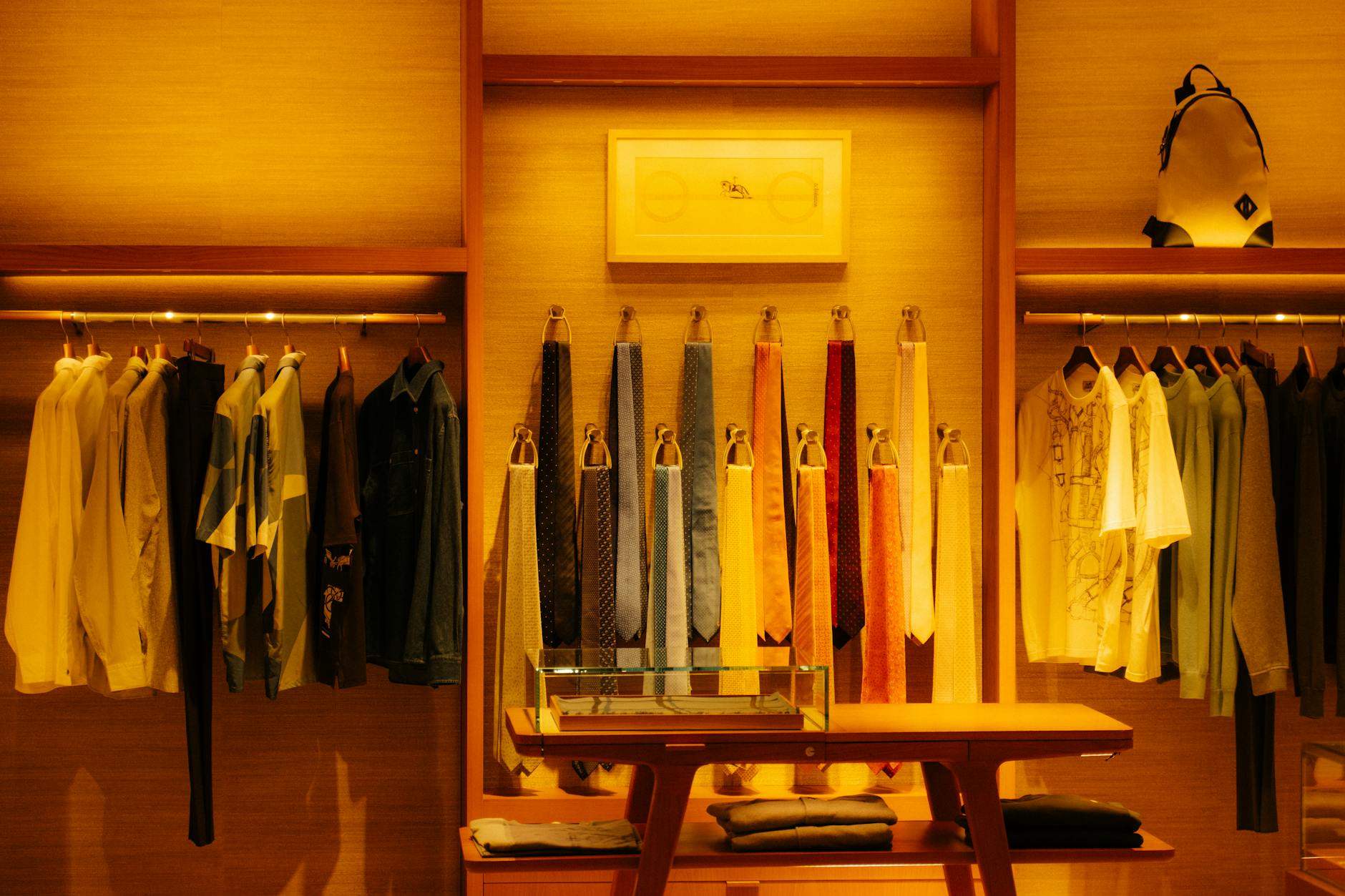 Retail clothing store interior with racks of garments and organized displays