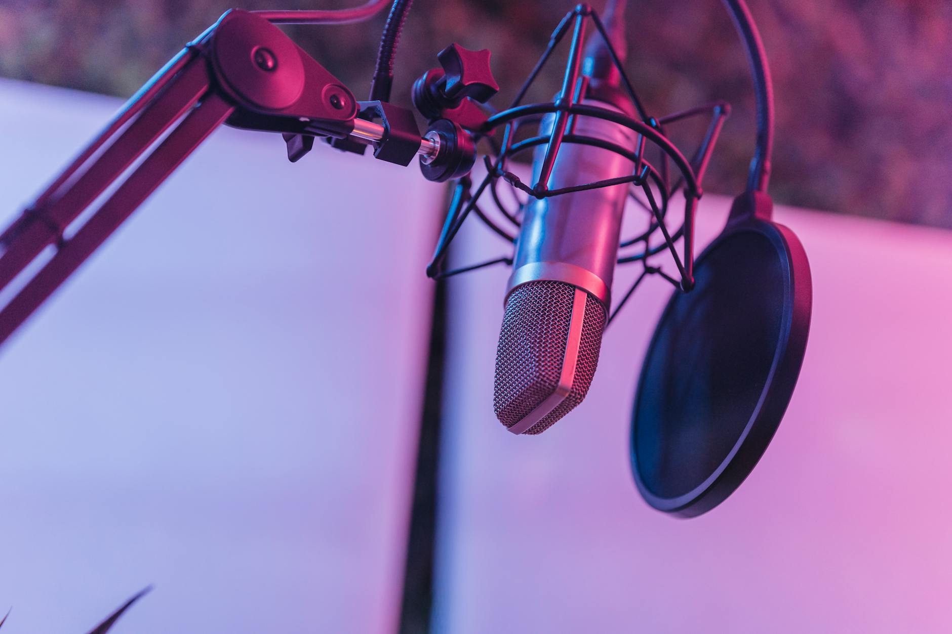 Professional podcast recording setup with microphones and acoustic panels