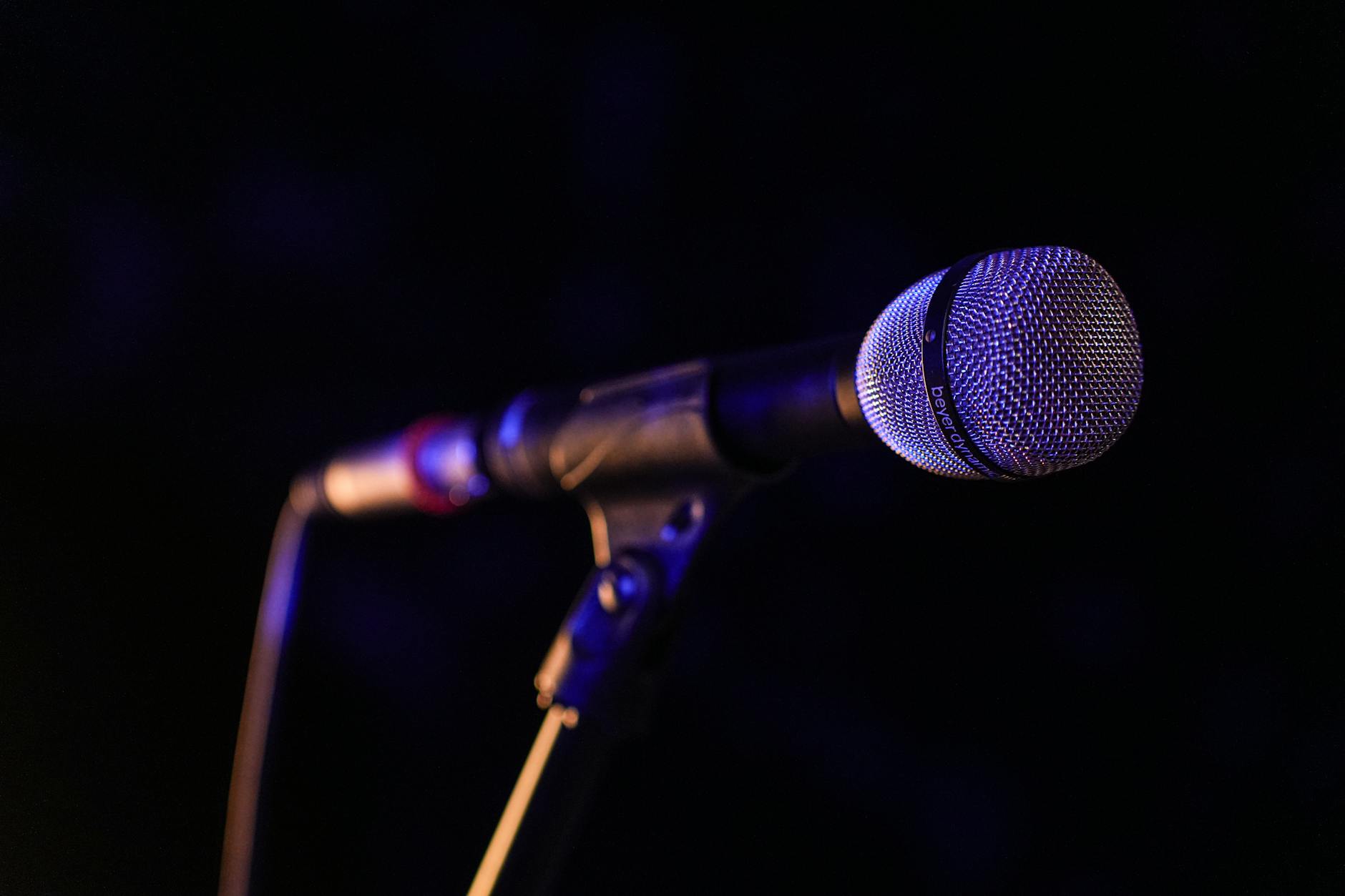 Professional microphone on stand in front of empty performance stage