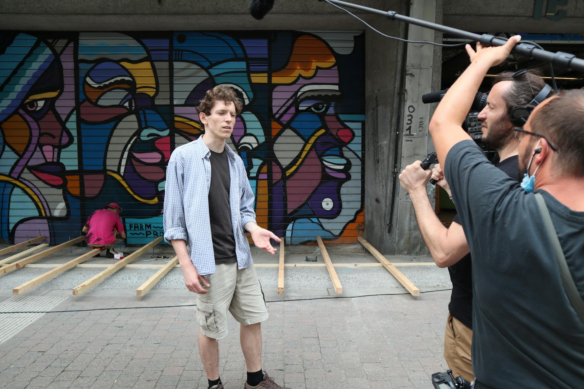 Documentary interview setup with professional lighting and camera equipment