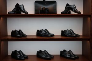 Close-up of elegant structured luxury shoes on a neutral background