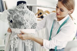 Interior of a high-end fashion atelier with garments on display