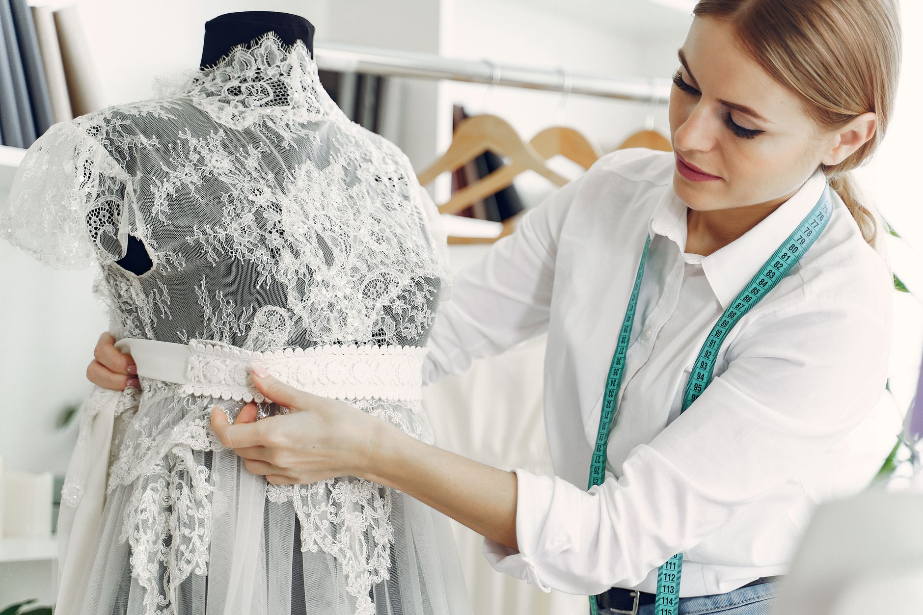 Interior of a high-end fashion atelier with garments on display
