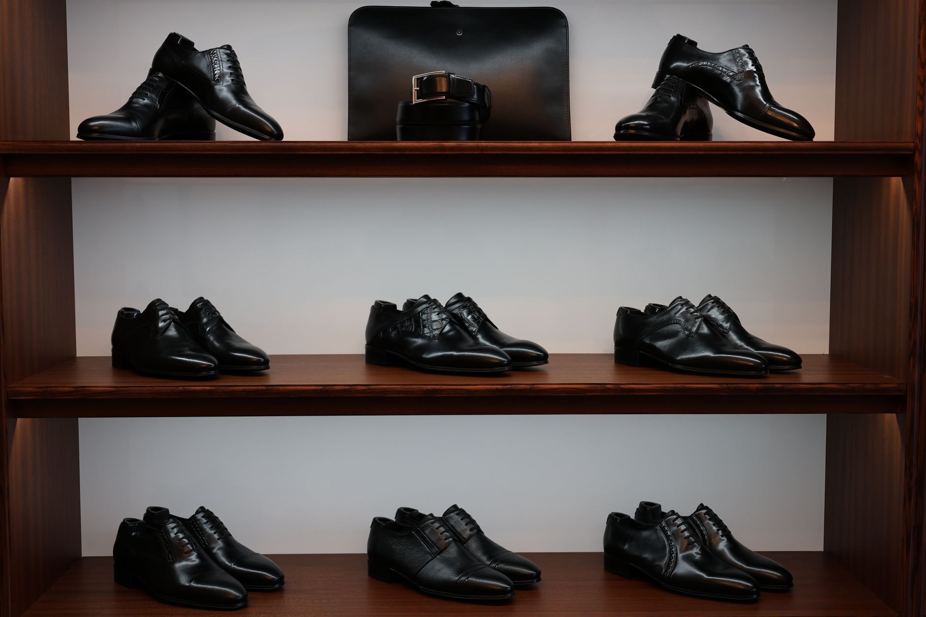 Curated footwear display in a contemporary shoe boutique